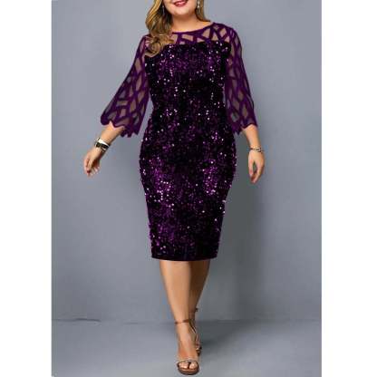Women's Mesh Lantern Sleeve Sequins Pencil Dress