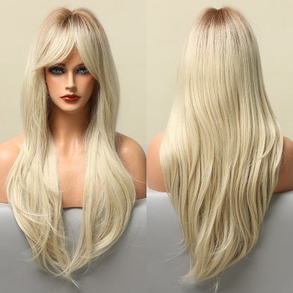 Long Light Ash Brown Blonde Natural Wavy Synthetic Wigs with Bangs Heat Resistant Fiber Daily Party Hair Cosplay Wigs for Women