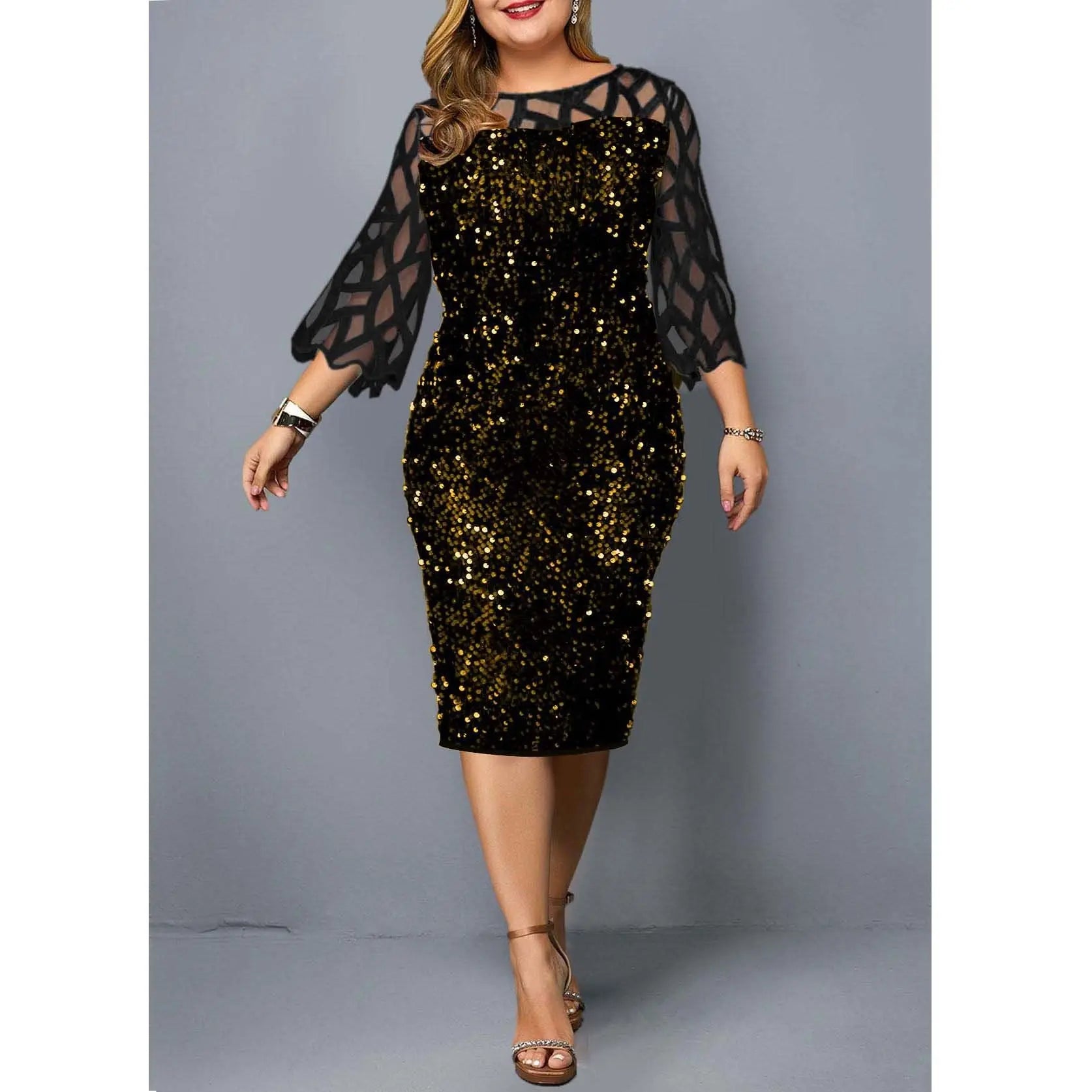 Women's Mesh Lantern Sleeve Sequins Pencil Dress