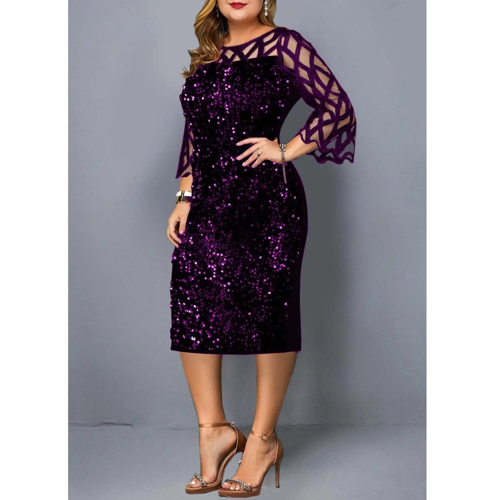 Women's Mesh Lantern Sleeve Sequins Pencil Dress