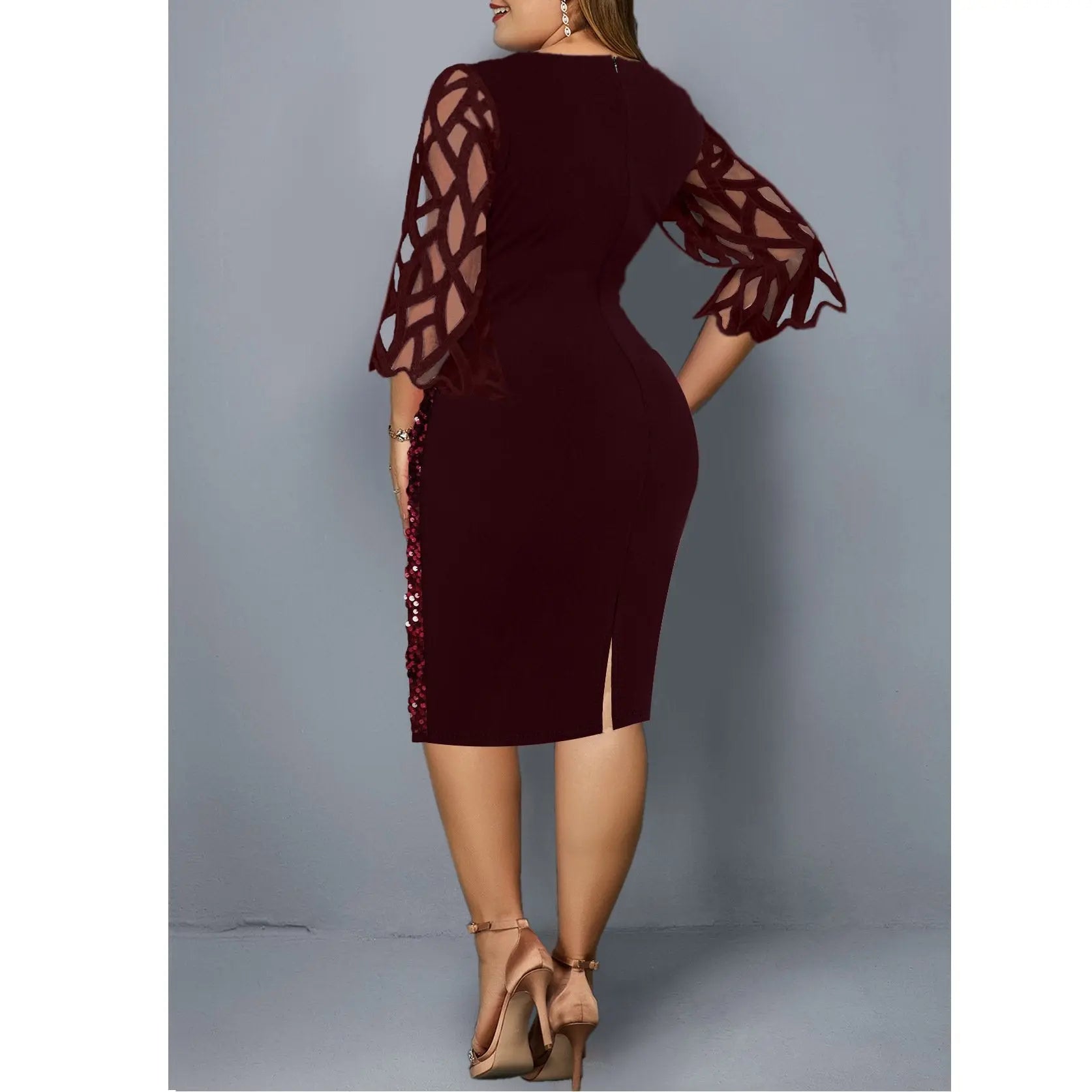 Women's Mesh Lantern Sleeve Sequins Pencil Dress