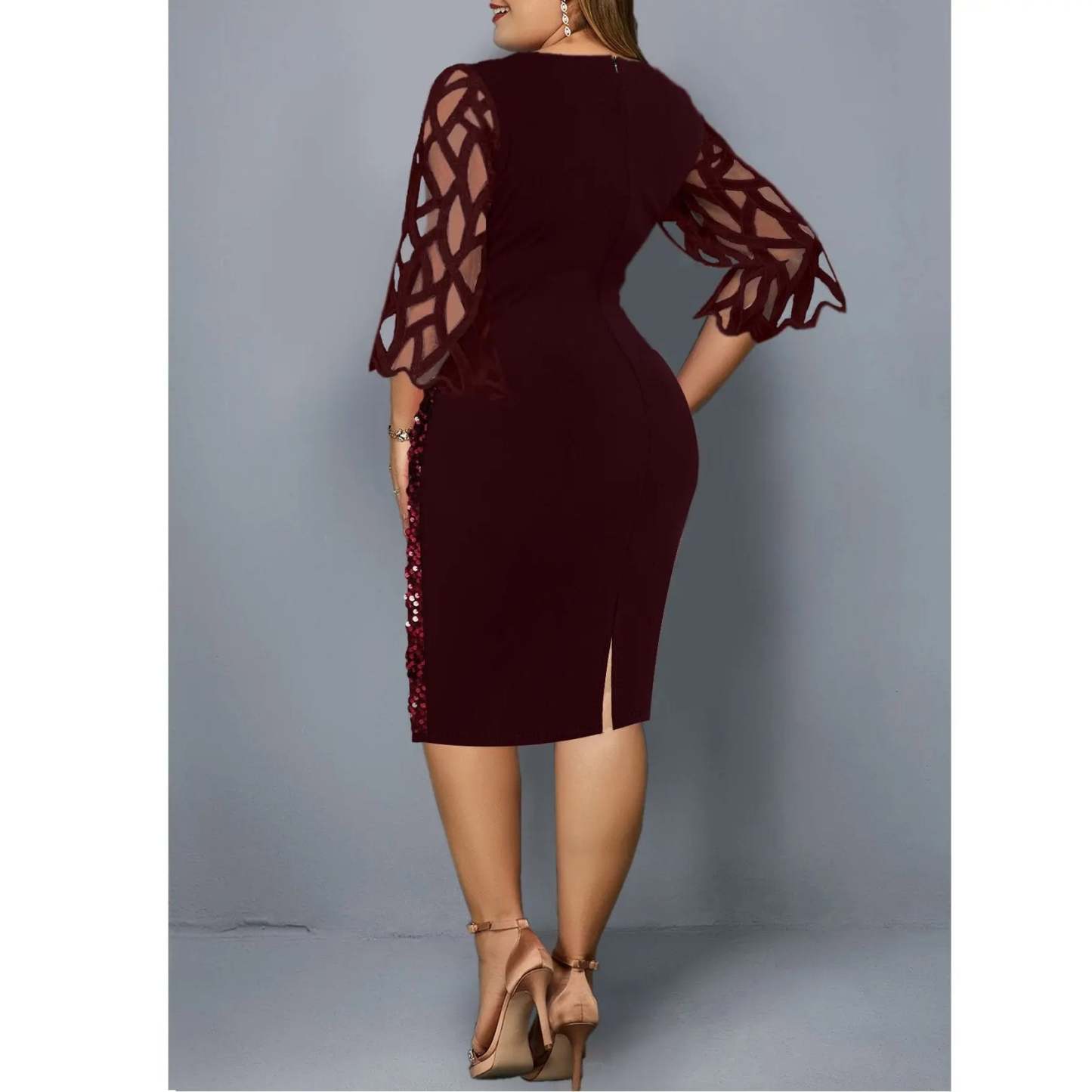 Women's Mesh Lantern Sleeve Sequins Pencil Dress