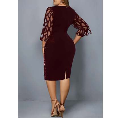 Women's Mesh Lantern Sleeve Sequins Pencil Dress