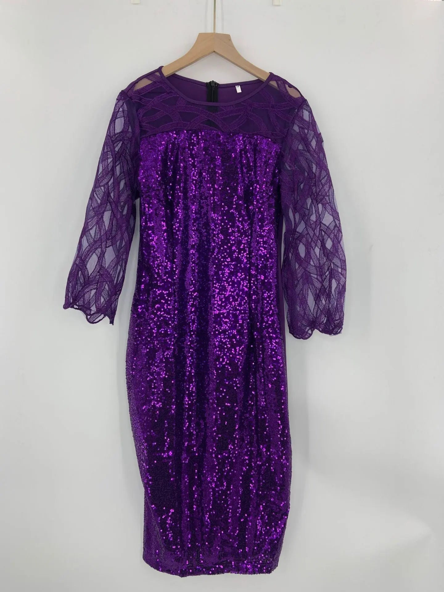 Women's Mesh Lantern Sleeve Sequins Pencil Dress