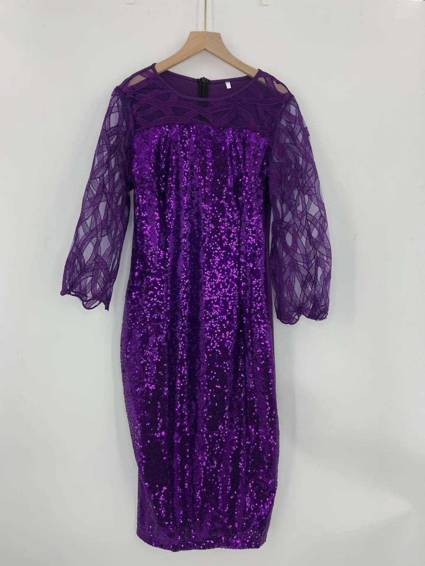 Women's Mesh Lantern Sleeve Sequins Pencil Dress