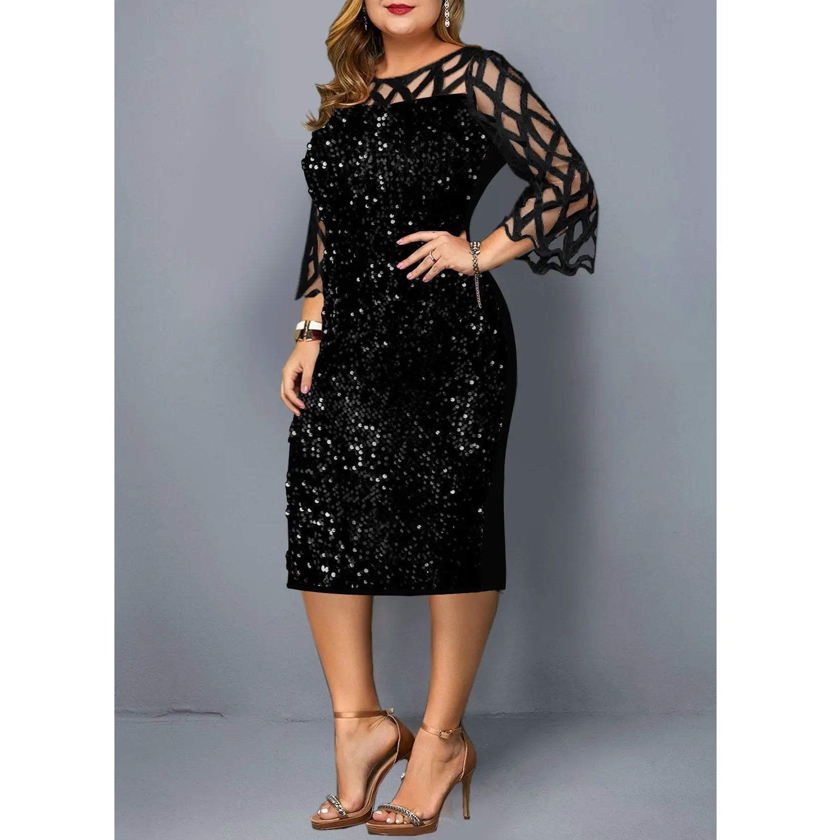 Women's Mesh Lantern Sleeve Sequins Pencil Dress