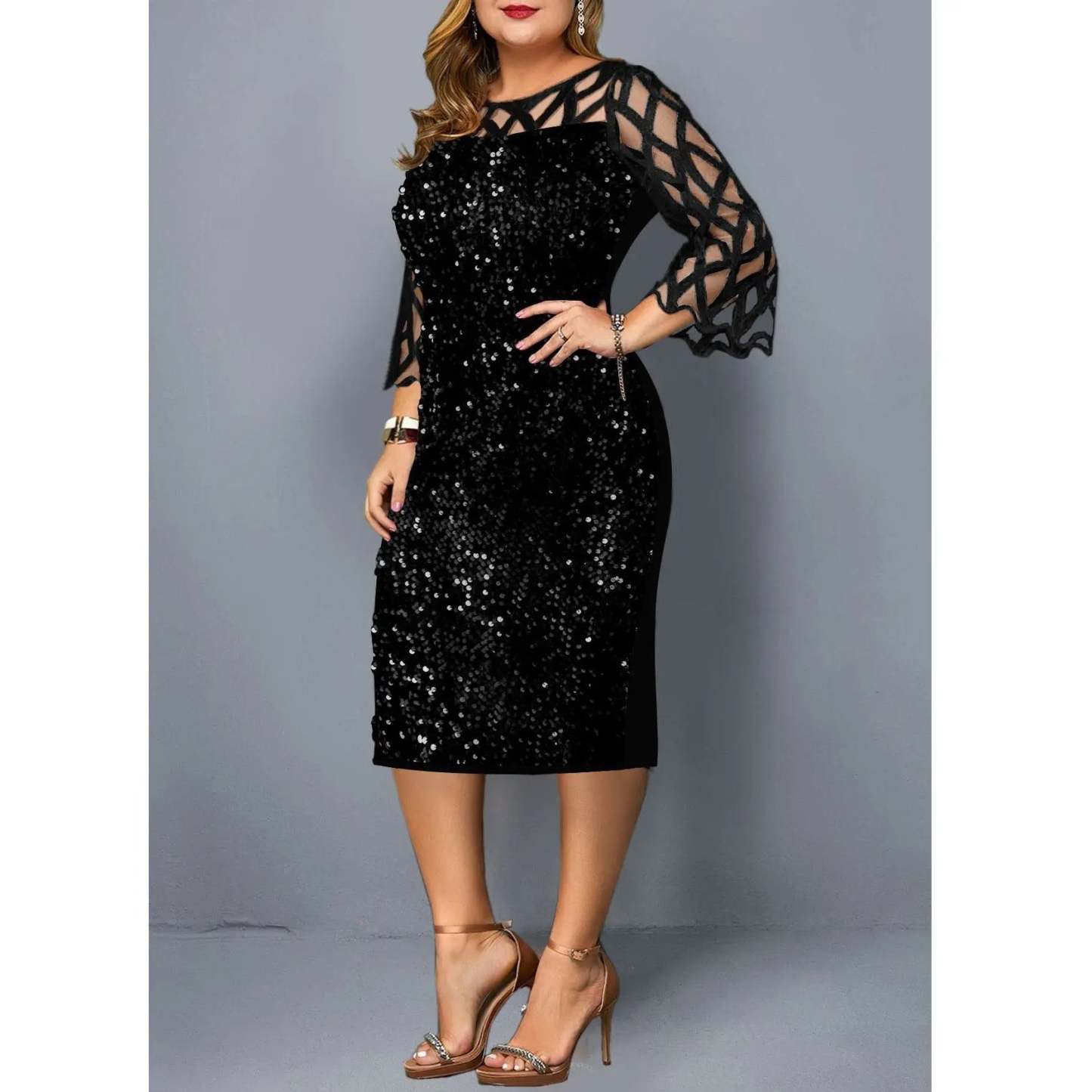 Women's Mesh Lantern Sleeve Sequins Pencil Dress