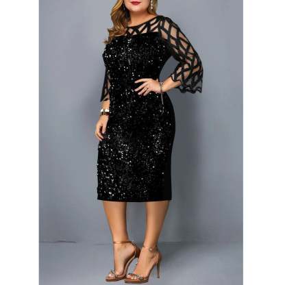 Women's Mesh Lantern Sleeve Sequins Pencil Dress