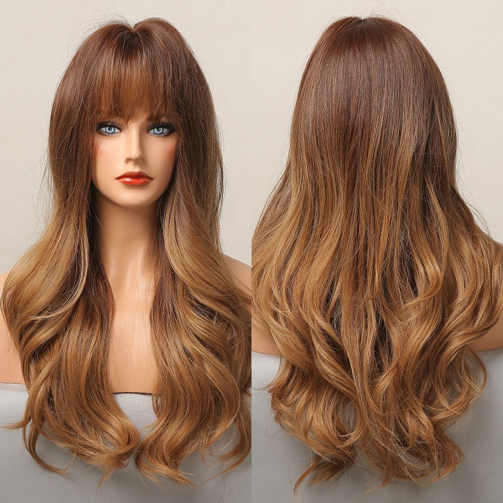 Long Light Ash Brown Blonde Natural Wavy Synthetic Wigs with Bangs Heat Resistant Fiber Daily Party Hair Cosplay Wigs for Women