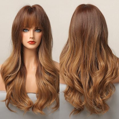 Long Light Ash Brown Blonde Natural Wavy Synthetic Wigs with Bangs Heat Resistant Fiber Daily Party Hair Cosplay Wigs for Women