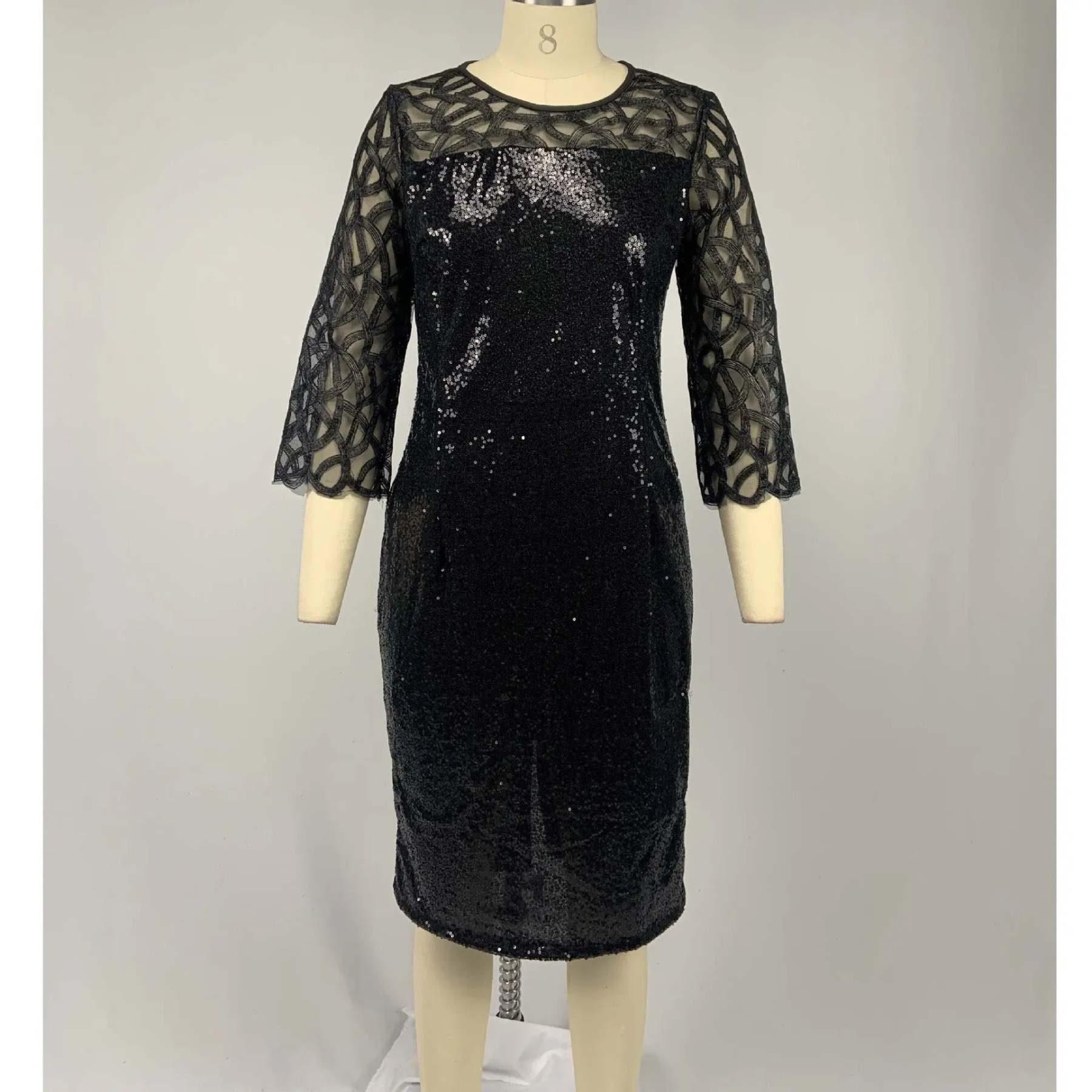 Women's Mesh Lantern Sleeve Sequins Pencil Dress