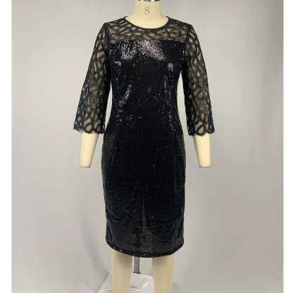 Women's Mesh Lantern Sleeve Sequins Pencil Dress