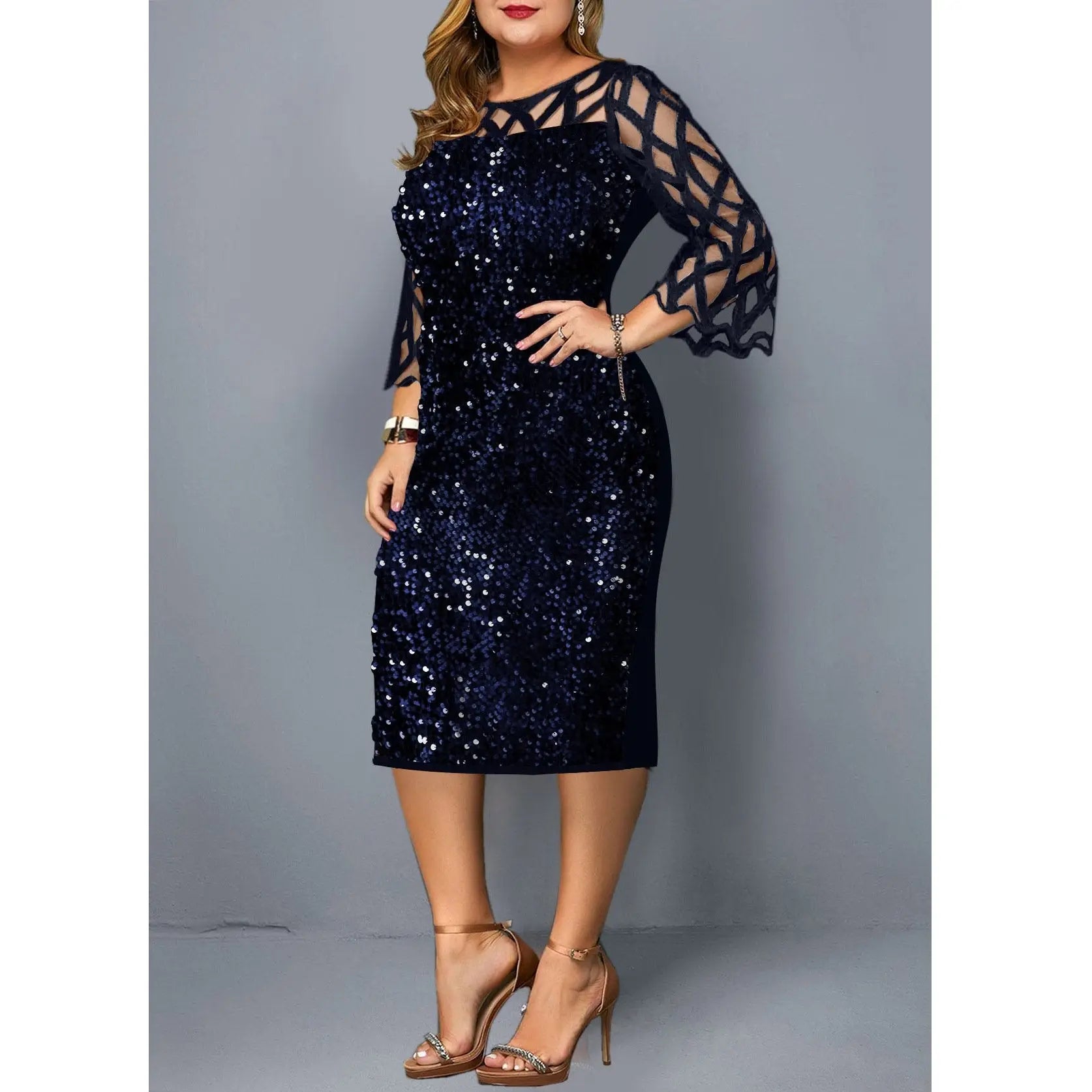 Women's Mesh Lantern Sleeve Sequins Pencil Dress
