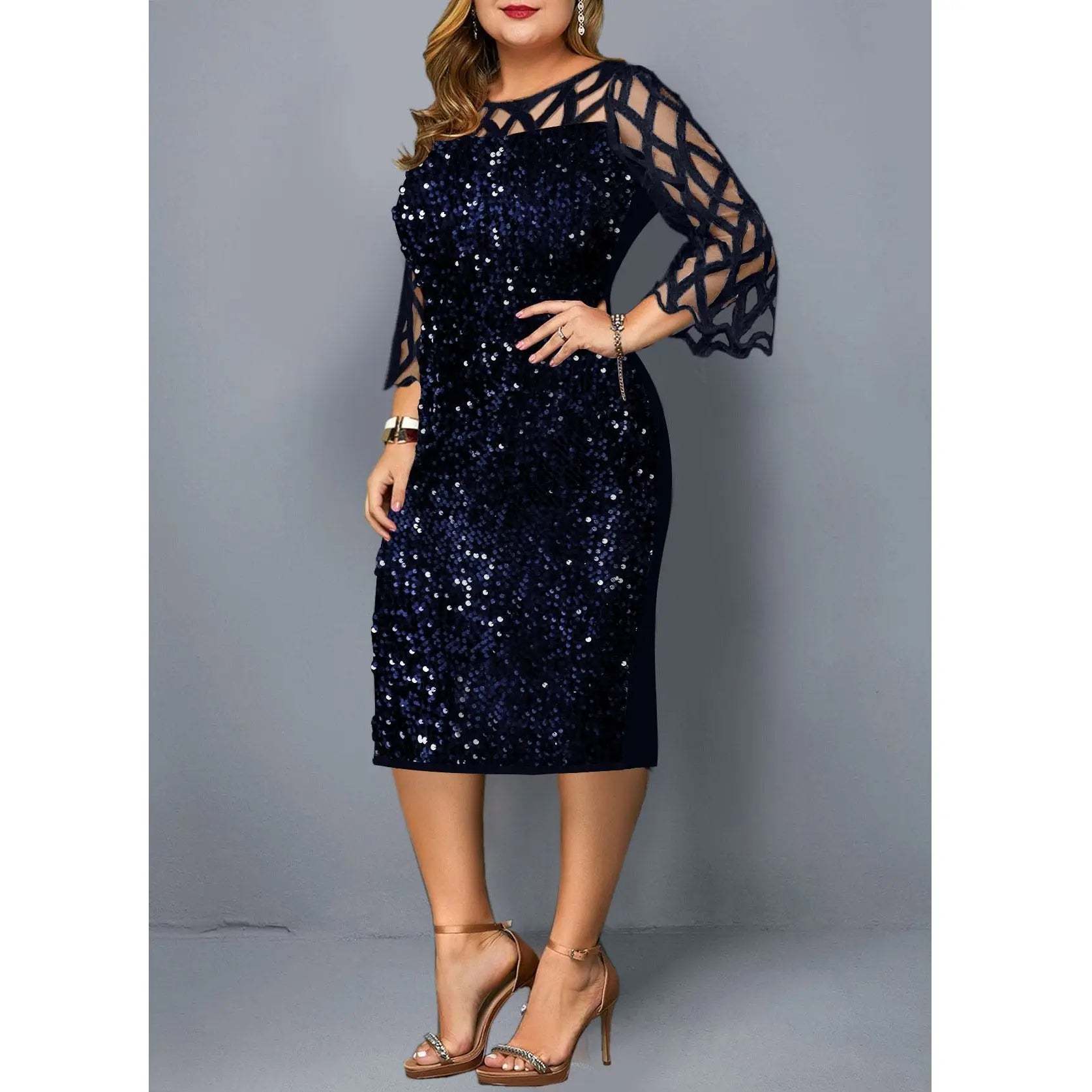 Women's Mesh Lantern Sleeve Sequins Pencil Dress