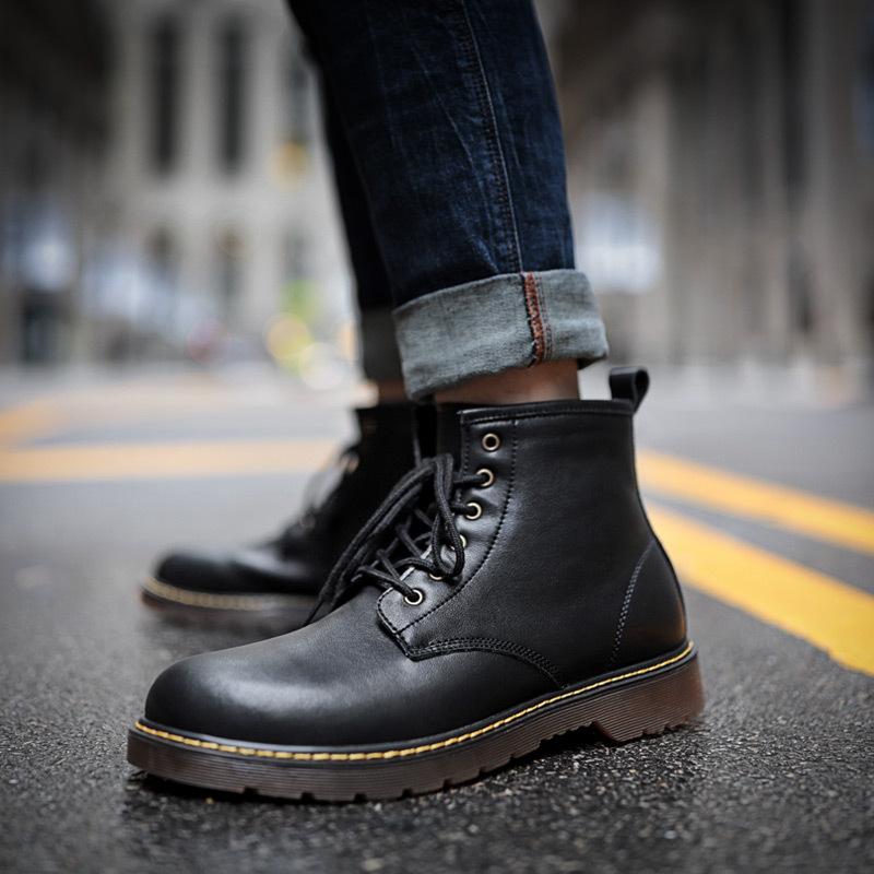 馬登馬丁靴男士中幫靴子男高幫工裝靴英倫風中幫短靴黑色皮靴-Retro's Wear