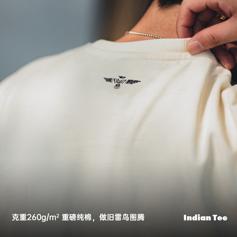 美式復古印第安羽毛印花短袖做舊寬鬆民族風T恤男夏-Retro's Wear