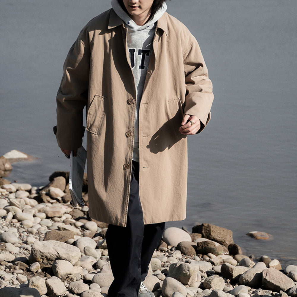 巴爾馬肯美式休閑工裝風衣中長款過膝寬松單排扣外套-Retro's Wear