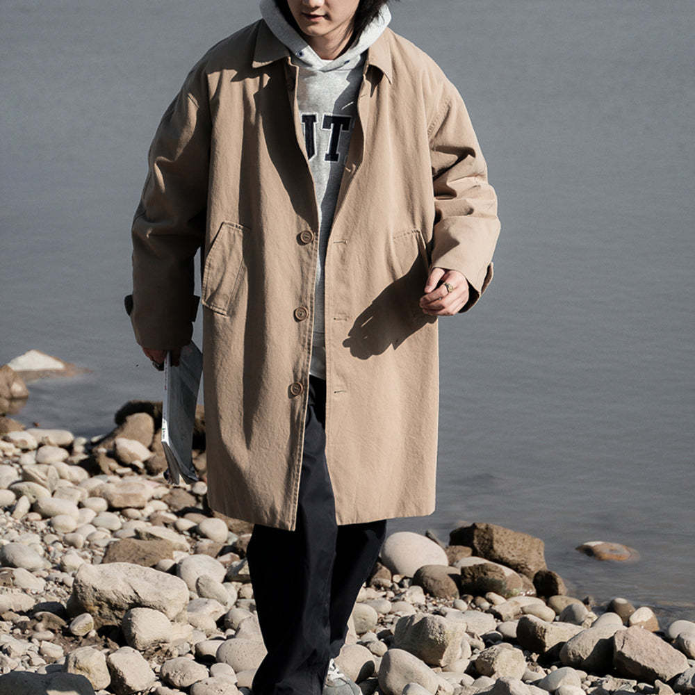 巴爾馬肯美式休閑工裝風衣中長款過膝寬松單排扣外套-Retro's Wear