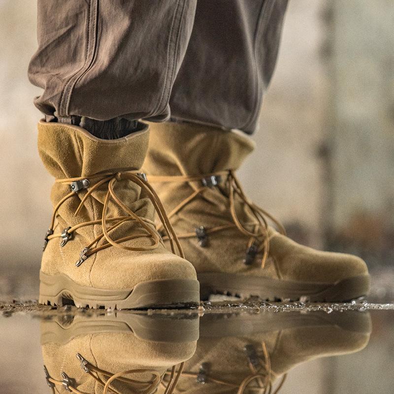 工裝靴男鞋秋季新款美式休閑高幫沙漠靴子棕色戶外高幫登山靴-Retro's Wear