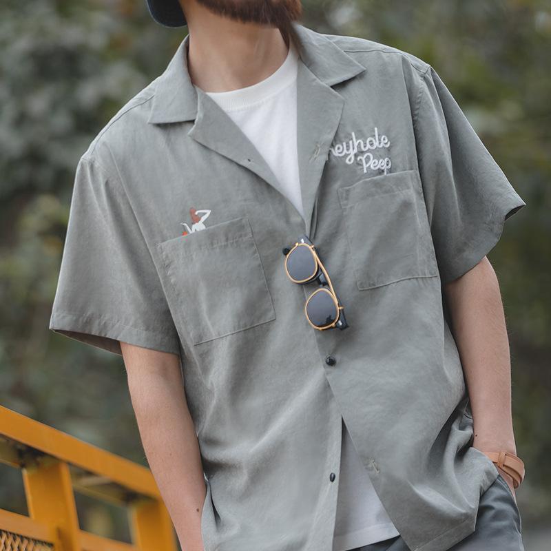 馬登工裝美式寬鬆古巴領短袖襯衫阿美哢嘰春夏疊穿V領襯衣男-Retro's Wear