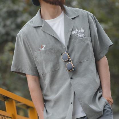 馬登工裝美式寬鬆古巴領短袖襯衫阿美哢嘰春夏疊穿V領襯衣男-Retro's Wear