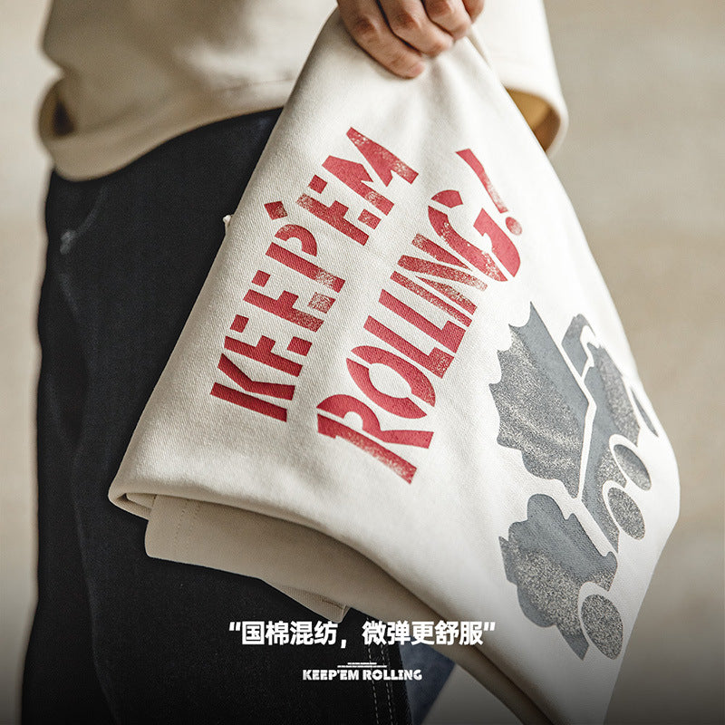 美式塗鴉字母印花短袖混紡圓領杏色小眾T恤男夏-Retro's Wear