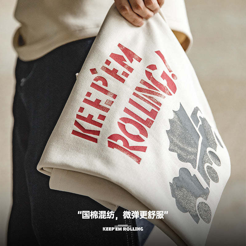 美式塗鴉字母印花短袖混紡圓領杏色小眾T恤男夏-Retro's Wear