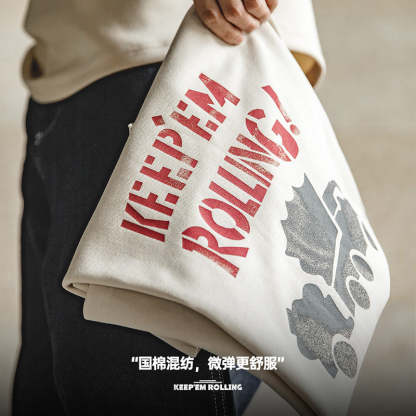 美式塗鴉字母印花短袖混紡圓領杏色小眾T恤男夏-Retro's Wear