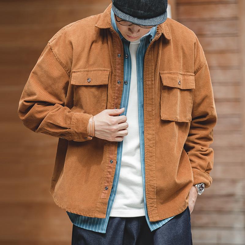 馬登工裝寬鬆翻領燈芯絨夾克春秋單排扣口袋外穿襯衫男潮-Retro's Wear
