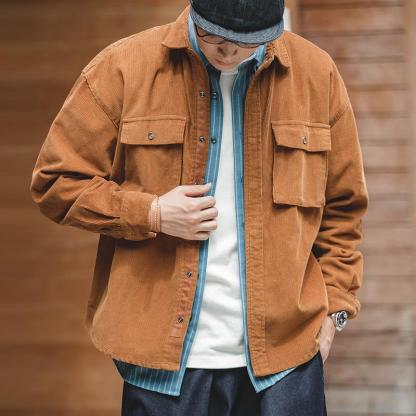 馬登工裝寬鬆翻領燈芯絨夾克春秋單排扣口袋外穿襯衫男潮-Retro's Wear