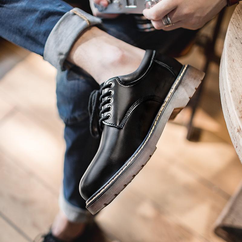 馬登男鞋秋冬季潮鞋子新款休閒皮鞋黑色大頭鞋英倫風低幫潮流-Retro's Wear