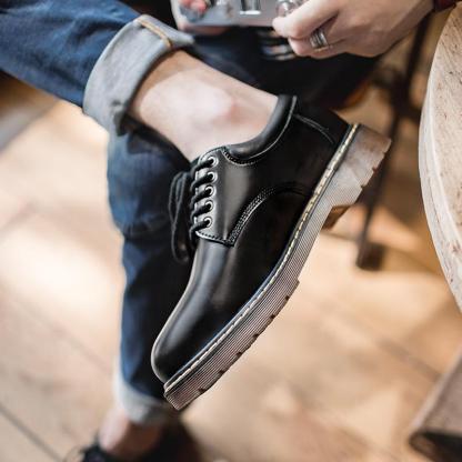 馬登男鞋秋冬季潮鞋子新款休閒皮鞋黑色大頭鞋英倫風低幫潮流-Retro's Wear