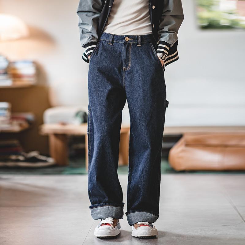 馬登女裝美式拖地闊腿丹寧牛仔褲慵懶寬松顯瘦直筒伐木工裝褲-Retro's Wear