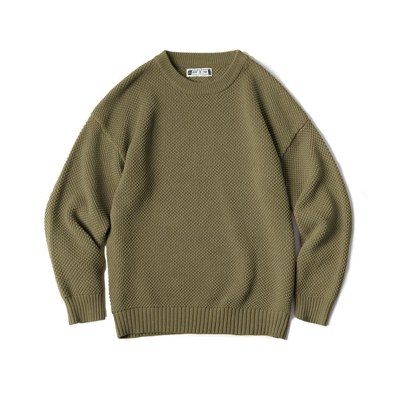 馬登工裝灰色鳳梨紋粗毛衣加厚實圓領落肩針織衫男秋-Retro's Wear