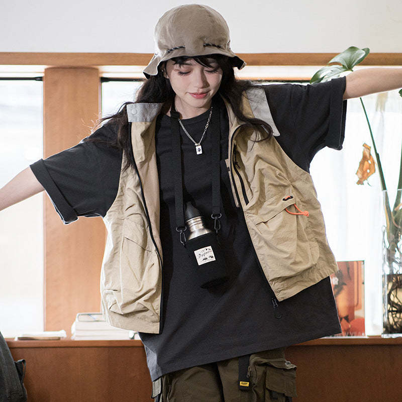 馬登女裝美式休閑戶外機能風短袖T恤夏季純棉口袋撞色體恤拼接Tee-Retro's Wear