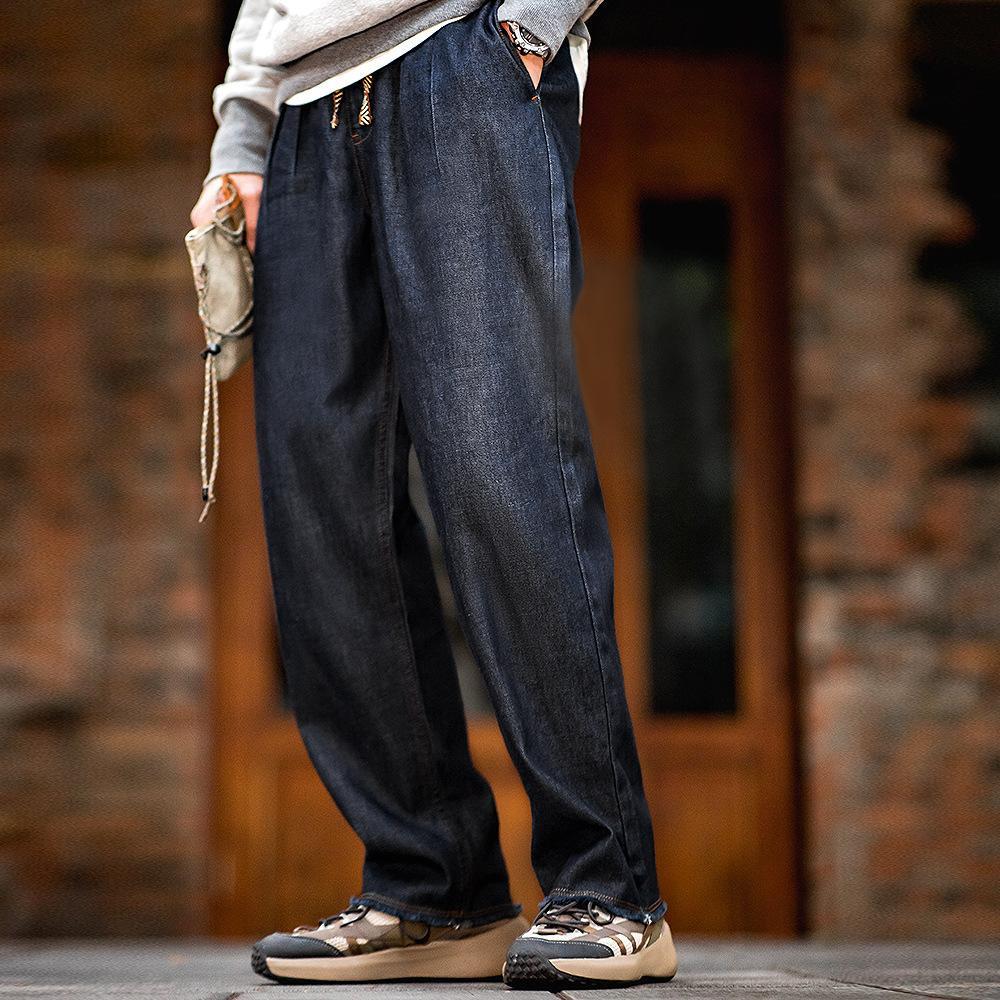 美式休閑冰皮牛仔褲丹寧水洗雙褶毛邊寬松直筒長褲男春-Retro's Wear