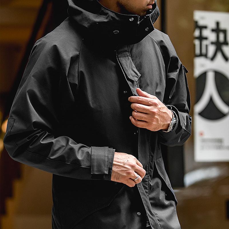 馬登工裝美式休閒戶外運動連帽機能外套抽繩黑色尼龍夾克風衣男-Retro's Wear
