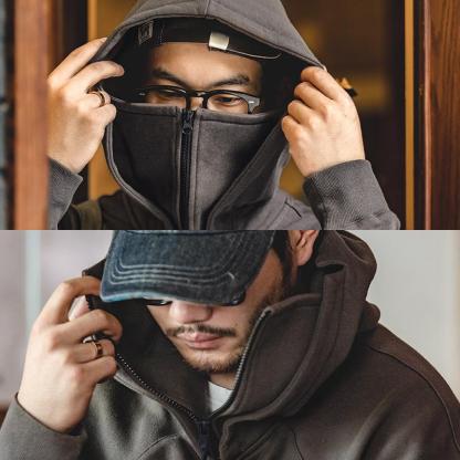 馬登工裝美式高領拉鏈衛衣面罩連帽衫vibe風高街機能外套男秋-Retro's Wear