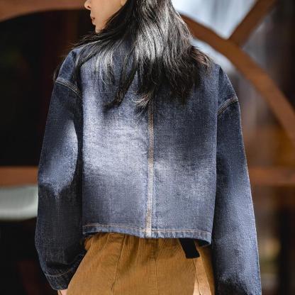 馬登女裝美式水洗丹寧深藍色純棉牛仔外套寬松翻領短款夾克女-Retro's Wear