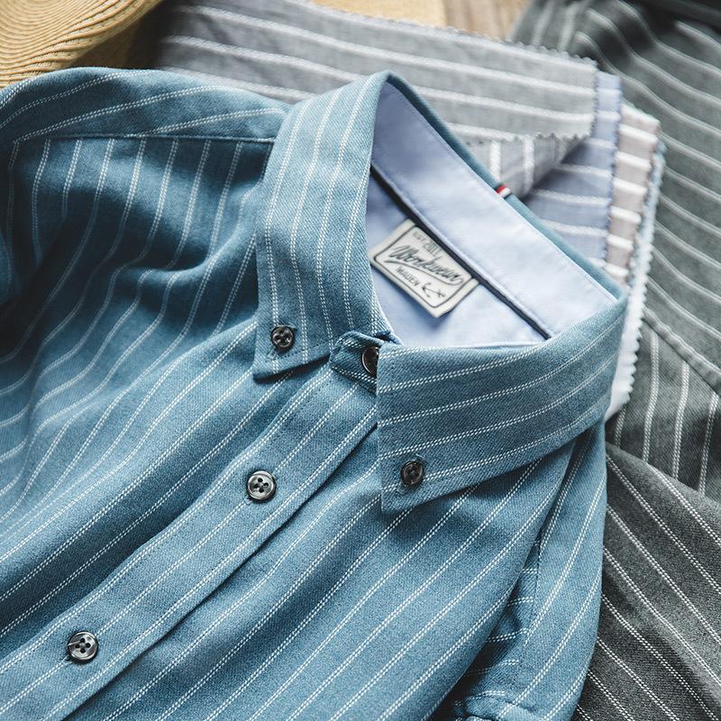 馬登工裝美式著磨毛條紋襯衫休閑長袖上衣男士潮-Retro's Wear
