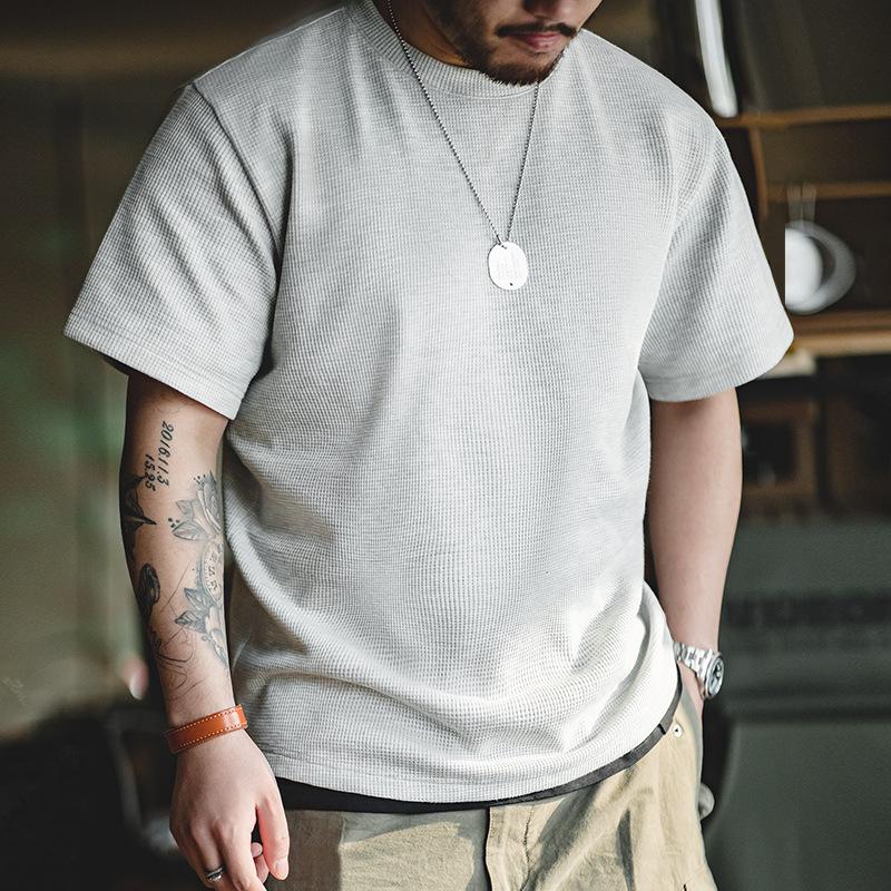 馬登工裝美式250g華夫格圓領針織短袖T恤半袖打底衫男夏-Retro's Wear
