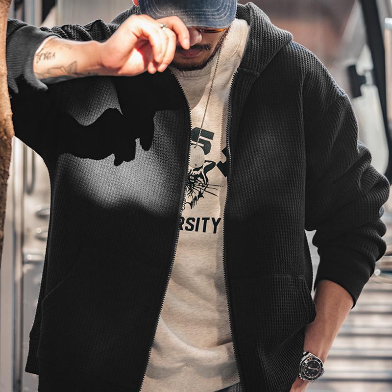 馬登工裝灰色華夫格連帽衛衣慵懶針織開衫運動外套男秋冬-Retro's Wear