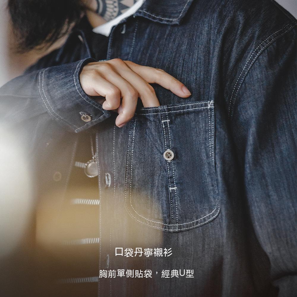 美式復古水洗丹寧牛仔襯衫大口袋輯明線寬鬆長袖襯衣男-Retro's Wear