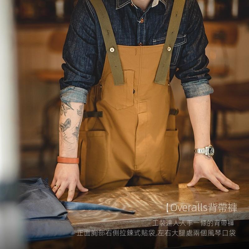 馬登工裝美式寬鬆BF直筒背帶褲阿美哢嘰休閒連體吊帶長褲子男-Retro's Wear