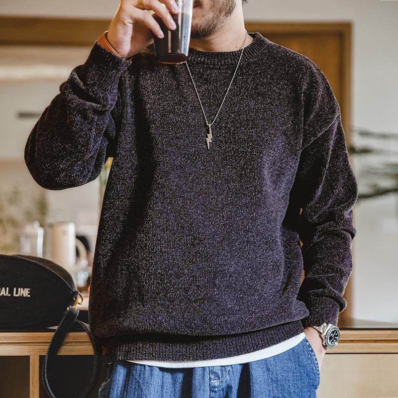 美式休閑雪尼爾圓領毛衣保暖慵懶基礎打底針織衫男秋冬-Retro's Wear