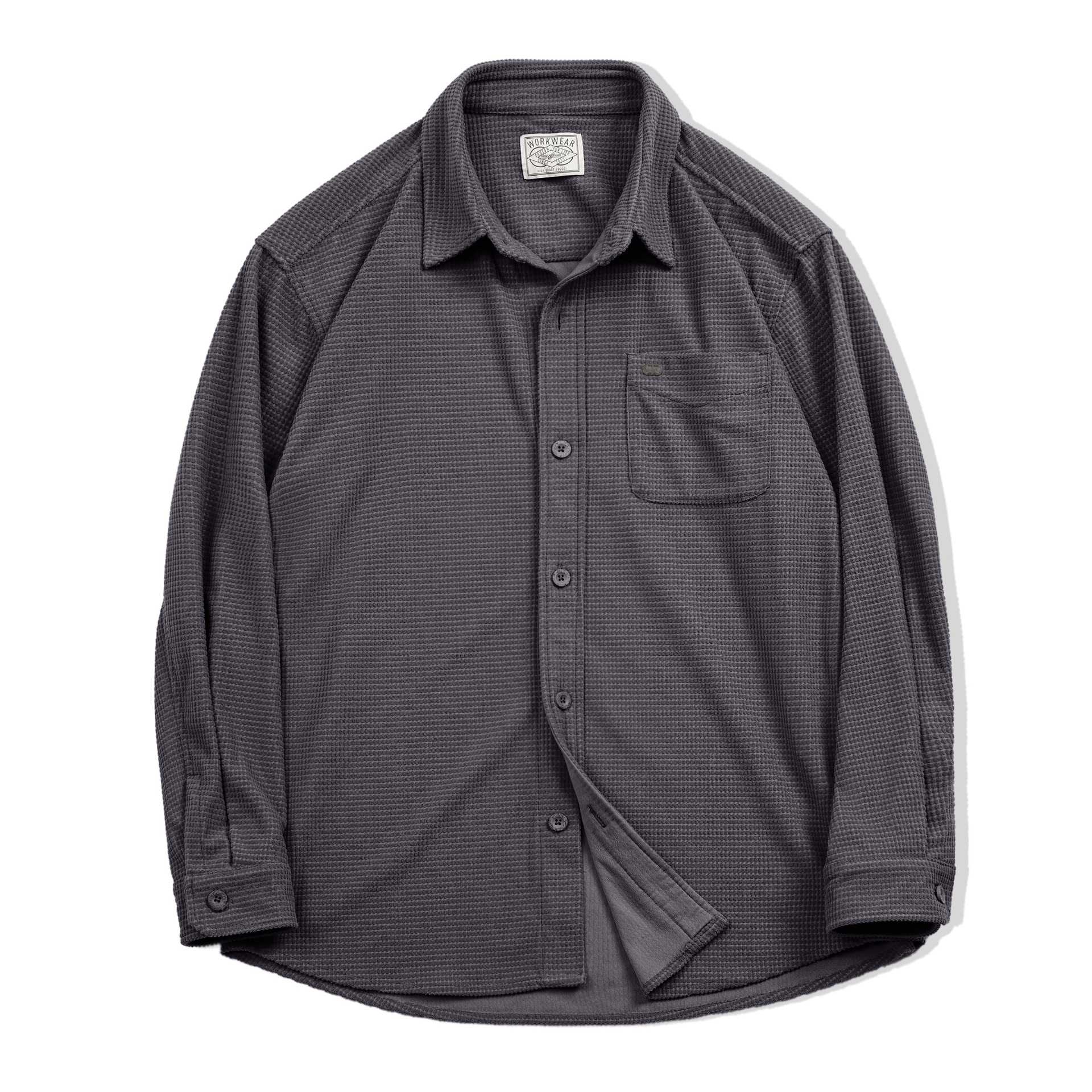 美式復古玉米粒格子襯衫翻領純色休閒鬆弛感長袖襯衣男秋-Retro's Wear