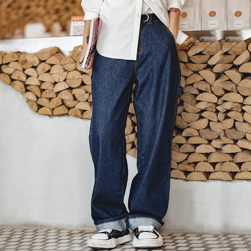 馬登女裝美式拖地闊腿丹寧牛仔褲慵懶寬松顯瘦直筒伐木工裝褲-Retro's Wear