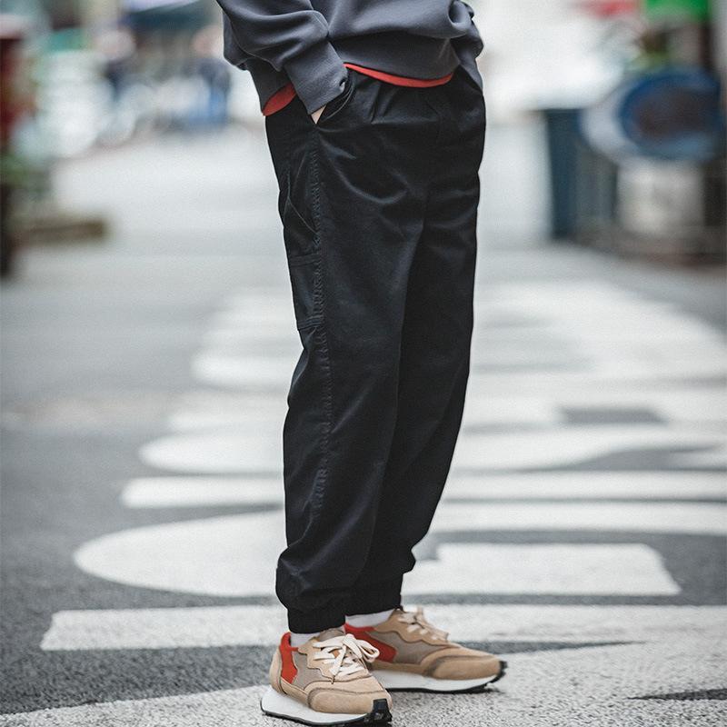 馬登工裝美式休閒印花中腰黑色工裝褲抽繩鬆緊腰微彈束腳褲男潮-Retro's Wear