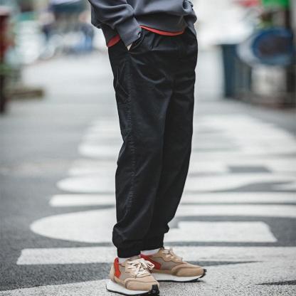 馬登工裝美式休閒印花中腰黑色工裝褲抽繩鬆緊腰微彈束腳褲男潮-Retro's Wear