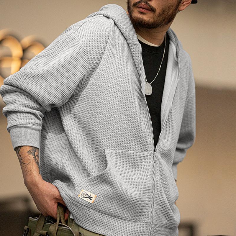 馬登工裝灰色華夫格連帽衛衣慵懶針織開衫運動外套男秋冬-Retro's Wear